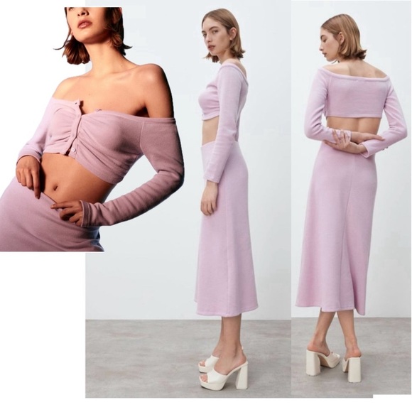 Zara Lilac purple long sleeve off the shoulder cropped sweater top button front - Picture 3 of 14